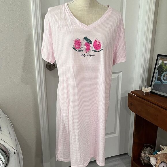 Life Is Good Pink and White Striped Watermelon V Neck Night Shirt NWOT SZ XL - Picture 1 of 8